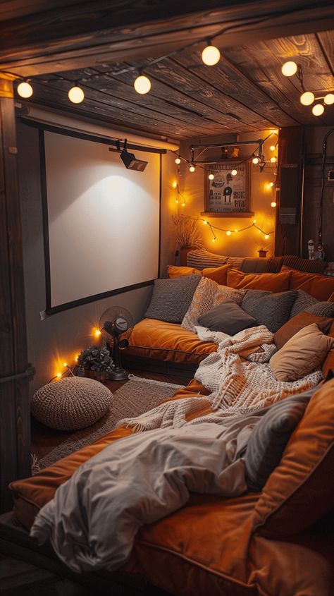 Cosy Hangout Room, Comfy Attic Room, Cozy Theater Room Ideas, Room Structure Ideas, Attic Hangout Room Ideas, Cozy Basement Apartment, Fun House Ideas, Cool Basement Ideas Hangout Room, Attic Lounge Ideas