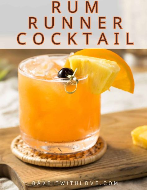 A rum runner cocktail is a fun and fruity tiki drink that is perfect for summertime celebrations or lazy days by the pool! This easy-to-drink cocktail packs a surprising punch because it features not only light and dark rum but also banana and blackberry liqueur! Combined with orange juice, pineapple juice, lime juice, and grenadine, this punch-like beverage is wonderfully refreshing! BakeItWithLove.com Rum Swizzle Recipe, Easy Rum Cocktails, Dark Rum Drinks, Rum Cocktails Easy, Banana Liqueur, Rum Drinks Recipes, Rum Swizzle, Rum Runner, Tiki Drink