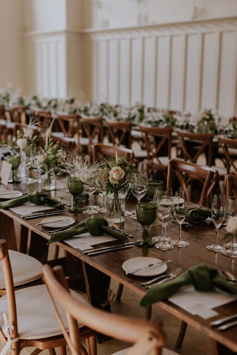 Olive Wedding Table Decor, Green Plants Table Decor, Olive Green Table Linen Wedding, Wedding Table With Napkins Only, Green Napkin Wedding Place Setting, Rustic Trestle Table, Olive Napkin Wedding, Green Linen Napkins Wedding, Narrow Wedding Table Decorations