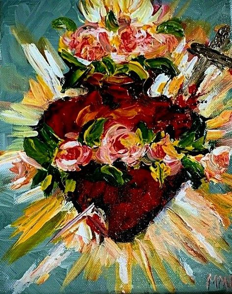 Catholic Art Aesthetic, Sacred Heart Painting, Mexican Catholic Art, Christian Canvas Paintings, Sacred Heart Art, Heart Artwork, Mexican Culture Art, Nostalgic Art, Catholic Images