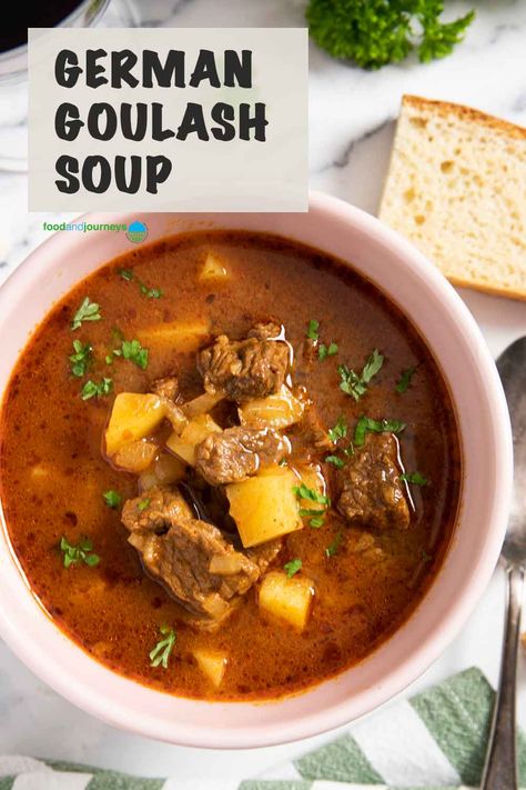 Austrian Goulash Soup, Goulash Soup German, German Goulash Soup, German Soups Recipes, German Soups And Stews, Goulash Soup Recipe, International Soup Recipes, Golumpki Soup, German Goulash Recipes