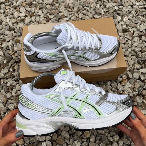 Image: ASICS Women's Sportstyle Gel 1130 Trainers in White and Sage, a stylish and comfortable choice for active lifestyles. Asics Shoes Aesthetic, Asics Gel 1130 Outfit Woman, Asics 1130 Outfit, Asics Women Outfit, Asics Gel 1130 Outfit, Asics 1130, Green Asics, Asics Gel 1130, Asics Trainers