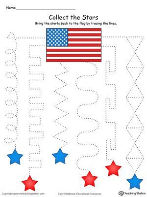 **FREE** Trace the Pattern to Collect the Stars in Color Worksheet. Practice tracing patterns and help your child develop their fine motor skills in this pre-writing patriotic printable worksheet. Patriotic Math, Tracing Patterns, Fourth Of July Crafts For Kids, Sand Bucket, America Theme, Practice Tracing, Patriotic Symbols, Pattern Worksheet, Star Coloring Pages