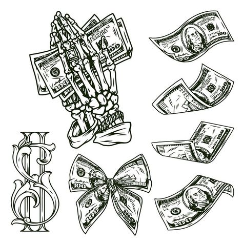 Cute Money Tattoo, Dollars Tattoo Design, Gangsta Tattoos Money, Bag Tattoo Ideas, Tattoo Ideas Money, Money Tattoo Ideas, Money Tattoo Designs, Tattoos Money, Money Bag Tattoo