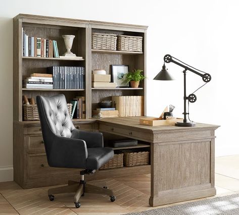 Livingston Peninsula Desk with 70" Bookcase Suite | Pottery Barn Peninsula Desk, Display Visual Merchandising, Meranti Wood, Upholstered Desk Chair, Cheap Office Furniture, Office Suite, Desk Office, Barbie Furniture, Retail Furniture