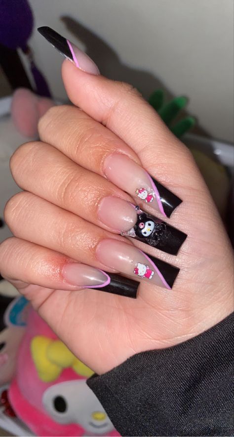 Hello kitty and kuromi nails Y2k Nails Acrylic Hello Kitty, Black Nails Hello Kitty, Hello Kitty And Kuromi Nails, Kuromi Acrylic Nails, Kuromi Nails Acrylic, Emo Acrylic Nails, Black Hello Kitty Nails, Uñas Kuromi, Black Purple Nails