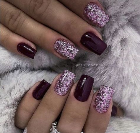 Cute Acrylic Nail Designs For Winter, Funky Elegant Nails, Black Purple Orange Nails, Plum Purple Nails Designs, Black And Pink Christmas Nails, Winter Glitter Nails Acrylic, February Gel Nail Colors, Eggplant Nails Designs, Matte Fall Nail Designs