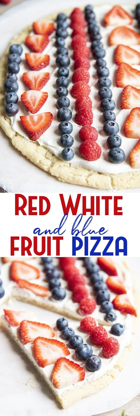 This red white and blue fruit pizza is the perfect patriotic dessert for Memorial Day, Fourth of July, or just all summer long. A sweet sugar cookie crust, topped with a cream cheese frosting, and fresh berries for the perfect sweet treat. Emily Enchanted, Patriotic Fruit Pizza, Red White And Blue Fruit, Sugar Cookie Pizza, Dessert Pizza Fruit, Fruit Sugar Cookies, Pizza Sugar Cookie, Fruit Pizza Sugar Cookie, Flag Food