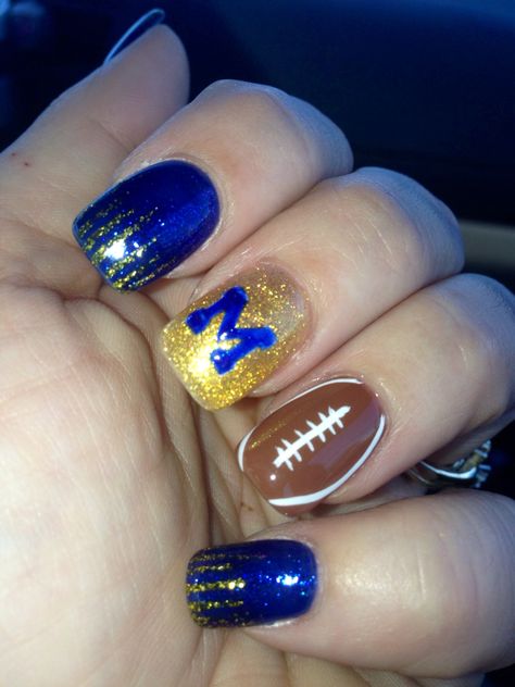 GO BLUE!! Michigan wolverines football nails!! Perfect for game time!! University Of Michigan Tattoo Ideas, Michigan Wolverines Nail Designs, Football Gel Nails, Football Season Nail Designs, Maize And Blue Nails, Blue And Gold Football Nails, U Of M Nails, Michigan Football Nails, Michigan Wolverines Nails