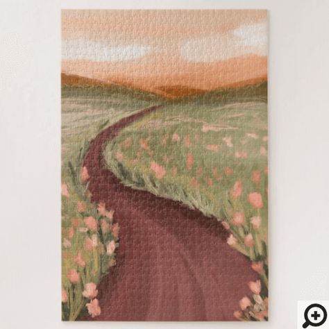 Oil Art Painting Ideas Easy, Cottagecore Canvas Painting Easy, Meadow Drawing Simple, Oil Paintings Simple, Simple Stuff To Paint, Path Painting Acrylic, Cottage Painting Easy, Easy Big Paintings, Cottage Core Painting Ideas Easy