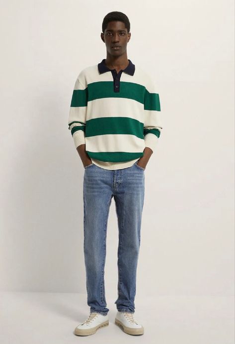 Polo Long Sleeve Outfit Men, Green Striped Shirt Outfit, Striped Shirt Outfit Men, Long Sleeve Polo Outfit, Polo Sweater Outfit, Long Shirt Outfits, Polo Outfit Men, Striped Sweater Outfit, Sweater Outfits Men