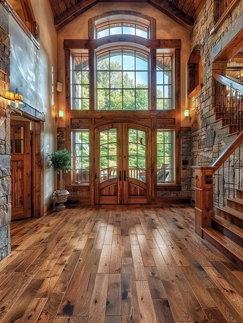 Log House Entryway, Barndominium Front Entrance, Log Cabin Entryway Ideas, Montana Ranch House Interior, Western Houses Ranch Style, Western House Exterior, Western Houses, Mountain Ranch Home, Log Houses