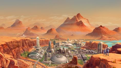 Human colony on terraformed Mars by Tiago da Silva for Terraformers game Mars Colony Projects, Mars City Concept Art, Sci Fi Colony, Terraformed Mars, Space Colony Concept, Mars City, John Berkey, Terraforming Mars, Mars Colony