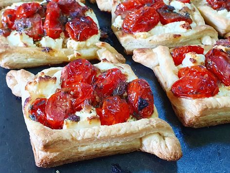 Danish Feta Recipes, Savory Danish Pastry, Savory Danish, Puff Pastry Squares, Pastry Squares, Mint Salt, Tomatoes And Feta Cheese, Cheese Danishes, Tomato And Feta