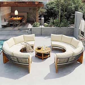 Quarte Outdoor Acacia Wood Round Sofa Set, Half-Moon Sectional Sets with Coffee Table,6-Person Seating Group for Garden, Deck (Beige/Half-Moon*A) Daiquiri Bar, Modern Outdoor Seating, Half Moon Design, Curved Seating, Pergola Decor, Sectional Patio Furniture, Conversation Sofa, Outdoor Seating Set, Outdoor Conversation Sets