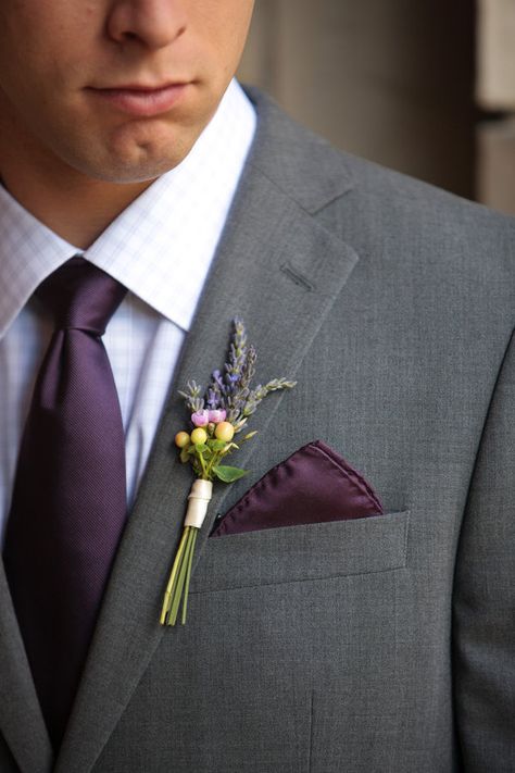 Cream hypericum berries, pink waxflower and lavender boutonnière... Love the long stems with small ribbon wrap. Groomsmen Attire Grey, Plum Wedding Colors, Chicago Cultural Center Wedding, Plum Bridesmaid, Plum Bridesmaid Dresses, A Man In A Suit, Plum Wedding, Man In A Suit, Grey Suit