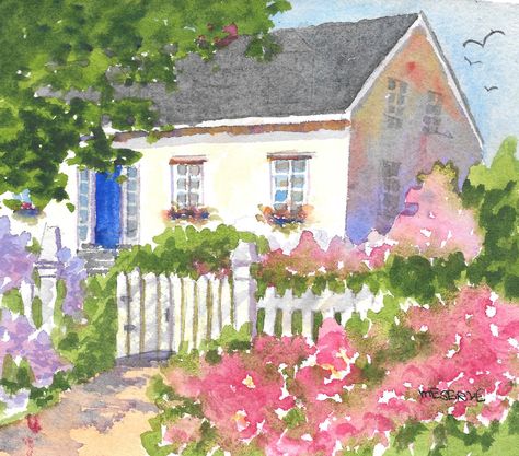 Cottage Garden Artwork, Cottage Home Painting, Cute Cottage Painting, Cottage House Painting, Watercolour Cottage, Cottage Drawings, Cottage Watercolor Painting, Cottage Core Watercolor, Watercolor Cottages