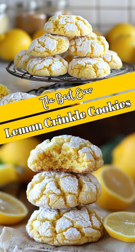 2 images of lemon crinkle cookies placed on a counter top with text overlay Meyer Lemon Cookies Recipes, Lemon Crackle Cookies, Lemon Crinkle Cookies Recipe, Lemon Cookies Easy, Crackle Cookies, Crinkle Cookies Recipe, Lemon Crinkle Cookies, Lemon Cookies Recipes, Lemon Dessert