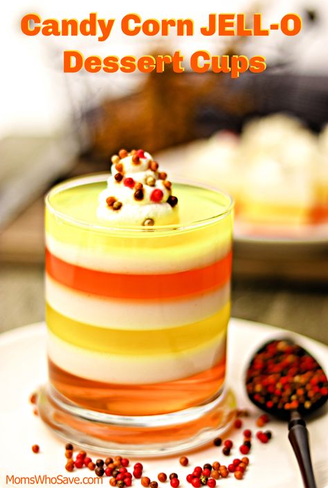 We Love This Fall Recipe -- Candy Corn JELL-O Dessert Cups   #fall #dessert #recipes #Halloween #Thanksgiving Dessert Recipes Halloween, Candy Corn Jello, Thanksgiving Jello, Halloween Punch Recipes, Jello Dessert, Fall Dessert Recipes Easy, Recipes Halloween, Fun Dessert, Pillsbury Recipes