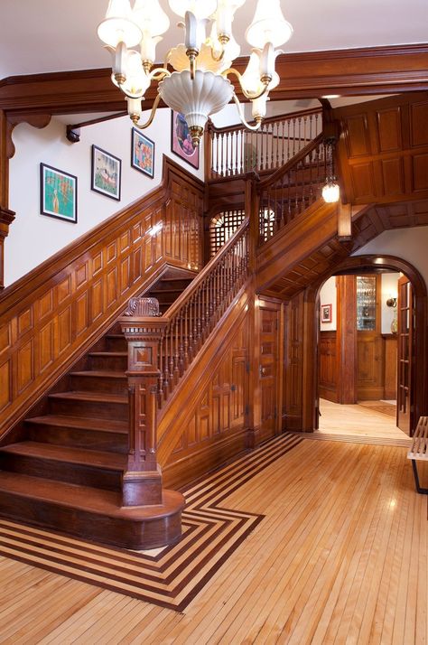 Unique Wainscoting, Gemini Character, Classic Staircase, Wooden Staircase, Traditional Staircase, Victorian Interior, Victorian Interiors, Yellow House, Wooden Staircases