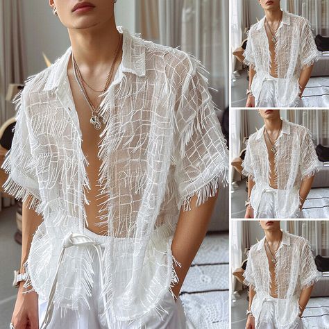 UK Mens Buttons Long Sleeve Tassel Sheer Loose T Shirt Casual Party Blouse Tops  | eBay Sheer Mens Shirt, Sheer Shirt Men, Fantasy Ball, Party Blouse, Concert Fit, Sheer Shirt, Concert Fits, Blouse Tops, Mens Shirt