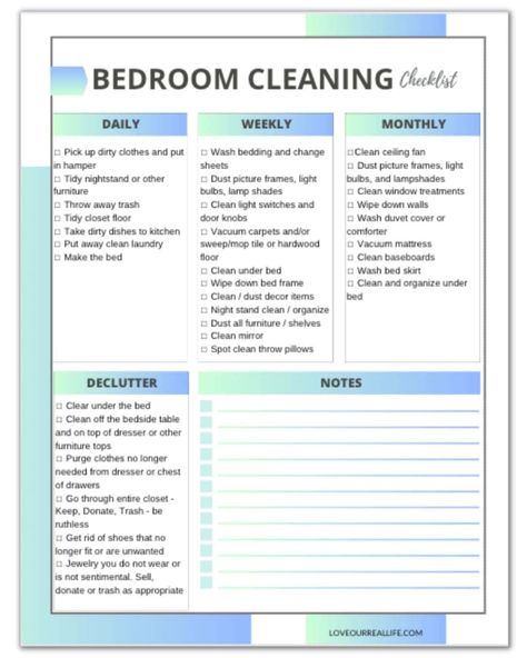 Free Printable Bedroom Cleaning Checklist - Daily, Weekly, Monthly ⋆ Love Our Real Life Weekly Bedroom Cleaning Checklist, Bedroom Chore Checklist, Weekly Room Cleaning Checklist, Cleaning Planner Printable Free, Daily Cleaning Checklist Printable Free, Cottagecore Routine, Bedroom Deep Cleaning List, Daily Bedroom Cleaning Checklist, Bedroom Cleaning List