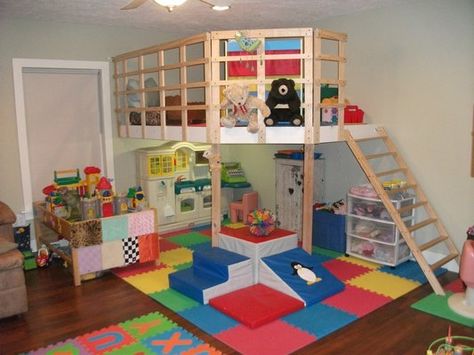 Loft Play Area Under Loft Bed, Loft Bed Play Area On Top, Diy Indoor Loft Playhouse, Loft Play Area Over Bed, Easy Loft Bed Diy, Diy Playroom Loft With Slide, Playroom Loft With Net Bed, Toddler Indoor Playground Loft, Kids Playroom Basement