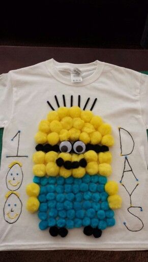 100 pom pom minion t-shirt I made for the 100th day of school. 100 Day Shirt Ideas, Minion T Shirt, 100days Of School Shirt, 100 Días De Clases, 100th Day Of School Crafts, Savage Shirt, 100 Day Of School Project, School Valentines, 100 Days Of School Shirt