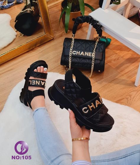 Chanel Sneakers, Fashion Shoes Heels, Cute Shoes Heels, Fashion Shoes Sandals, Footwear For Women, Shoes Outfit Fashion, Women Heels, Chanel Sandals, Hype Shoes