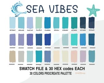 Sea Color Palette, Ocean Color Palette, Beach Color Palettes, Fonts Procreate, Sea Vibes, Procreate Palette, Beachy Colors, Cool Color Palette, Ipad Procreate