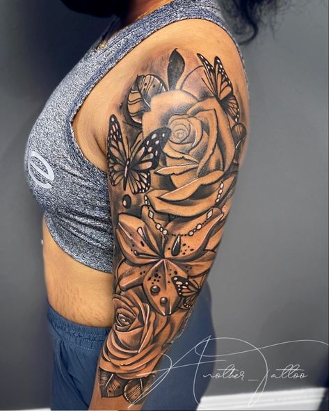 Girly Half Sleeve Tattoos For Women, Rose Sleeve Tattoo Black Women, Butterfly Rose Tattoo Sleeve, Flower Shoulder Sleeve Tattoo, Butterfly Flower Sleeve Tattoo, Flower And Butterfly Sleeve Tattoo, Sleeve Tattoos For Women Butterfly, Sleeve Tattoos For Women Butterflies, Butterflies Sleeve Tattoo