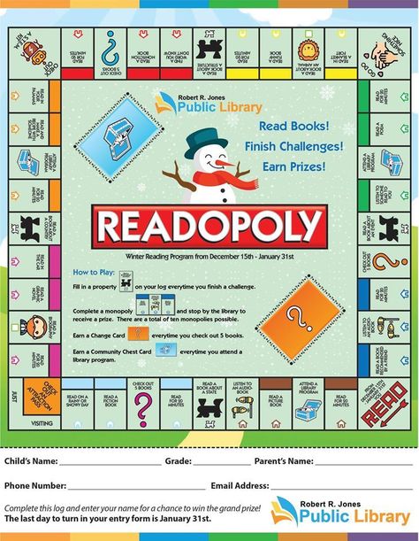 Readopoly: winter reading program 2019 Winter Library Programs For Adults, Bookopoly Template, Public Library Programs, The Courage To Be Disliked, School Library Lessons, Reading Incentives, Library Games, School Library Displays, Teen Library