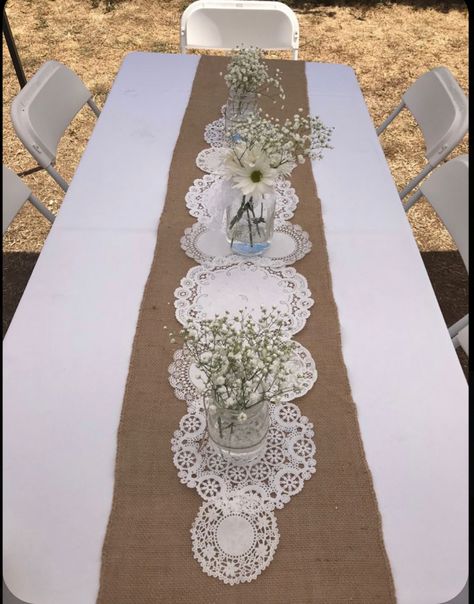 Simple Table Decor For Party, Comunion Table Ideas Decoration, Cheap Table Cloth Ideas Party, Confirmation Decoration Ideas, Paper Doily Table Runner, Creative Table Decor, Simple Party Table Decorations, Table Decorations For 90th Birthday Party, Simple Wedding Reception Decorations Diy