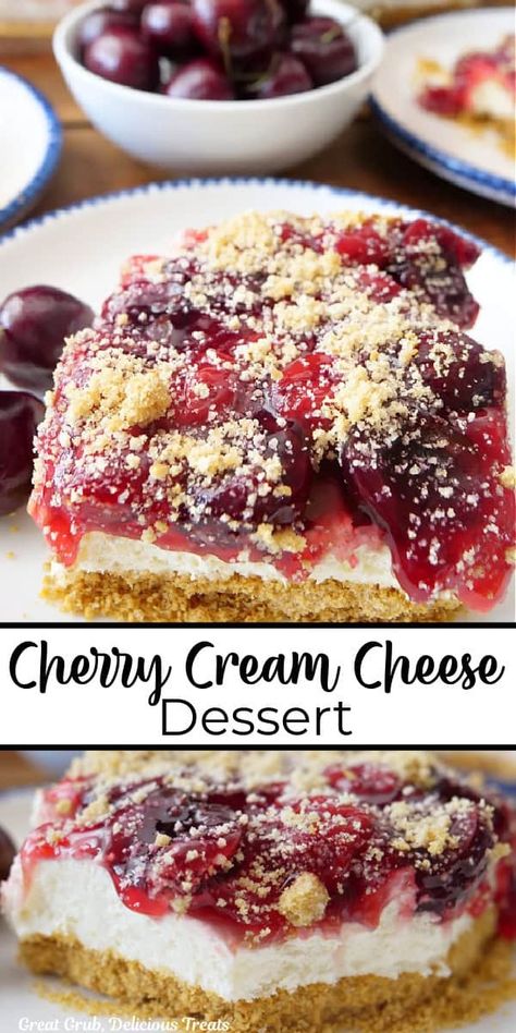 Cherry Cream Cheese Dessert - Great Grub, Delicious Treats Cherry Cream Cheese Dessert, Cherry Dessert Recipes, Cherry Cream Cheese Pie, Graham Cracker Dessert, Recipes Using Cream Cheese, Cherry Cream Cheese, Cherry Recipes Dessert, Cracker Dessert, Birthday Recipes