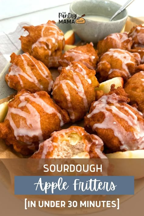 Make the best sourdough apple fritters using 200g of sourdough discard or sourdough starter and fresh apples in under 30 minutes! Apple Fritter Recipes Baked, Sourdough Apple Fritters, Fall Sourdough, Sourdough Sweets, Pantry Mama, Sourdough Apple, Sourdough Ideas, Artisan Sourdough Bread Recipe, Simple Sourdough