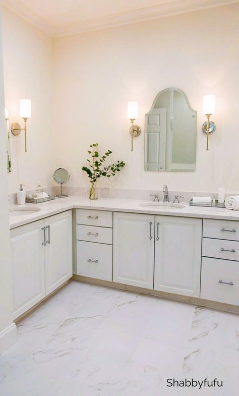 This year we have tackled several favorite remodeling projects. In this post I'm sharing some of these home improvements and ideas to inspire renovations. #homerenovations #homeimprovement #diyhomeprojects #bathroomremodelideas #laundryroom #laundryroomideas #lookforless #homeprojects #interiordesign #generalcontractor #luxuryvinylplank L Shaped Bathroom Vanity, L Shaped Vanity, Bathroom Makeover On A Budget, L Shaped Bathroom, Home Depot Bathroom, Diy Bathroom Makeover, Small Bathroom Makeover, Modern Farmhouse Bathroom, Bathroom Top