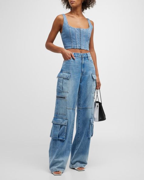 Full Jeans Outfit, Full Denim Outfit, Asian Street Wear, Cargo Outfit, Cargo Pants Outfit Women, Denim Corset Top, Denim Cargo Pants, Baggy Cargo Pants, Cargo Pants Outfit