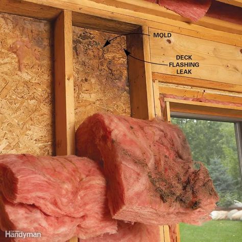 If mold is growing on an exterior wall or ceiling, first look for a leak in the wall or roof. Measure from the moldy area to a reference point like a door, then find the spot on the other side of the wall or ceiling. Closely inspect nearby vents, roof flashing, decks, window wells and anywhere wood is rotting. Look for ground sloping toward the house and downspouts emptying next to the wall. If the ground around the house gets too wet, moisture will wick into the foundation or slab and become... Diy Insulation, Rigid Insulation, Roof Sheathing, Gutter Repair, Leaky Roof, Mildew Remover, Roof Flashing, House Maintenance, Mold Removal