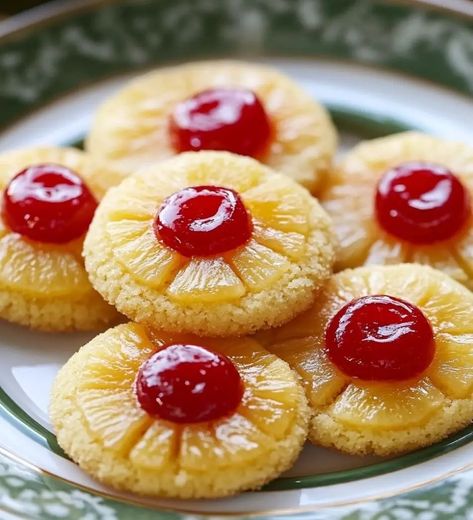 Christmas Pineapple Upside-Down Sugar Cookies Pineapple Upside Down Cookies Recipe, Pineapple Upside Down Sugar Cookies, Pineapple Cookies Recipes, Pineapple Upside Down Cookies, Pineapple Candy Recipe, Pineapple Bars, Fudge Homemade, 2024 Cookies, Christmas Pineapple