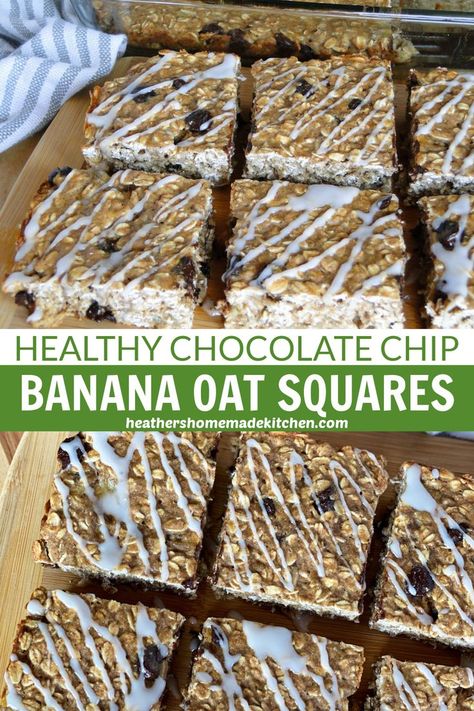 These Banana Chocolate Chip Oat Squares are naturally sweetened, chewy from the oats and full of chocolate! An easy recipe that is healthy enough for breakfast but indulgent enough to be a treat. Oat Squares Recipe, Banana Chocolate Chip Bars, Oat Squares, Chocolate Granola Bars, Banana Waffles, Chocolate Chip Bars, Healthy Chocolate Chip, Square Recipes, Banana Oats