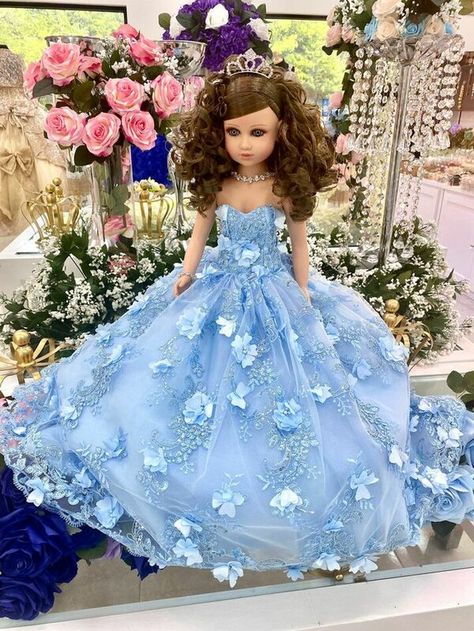 20" Quinceanera Last Doll or Ultima Muneca #QD2 Quinceanera Last Doll, Dark Brown Curly Hair, Tulle Skirt Dress, Brown Curly Hair, Pretty Quinceanera Dresses, Dress Colors, Dye Fabric, Rhinestone Tiara, Quinceanera Dress