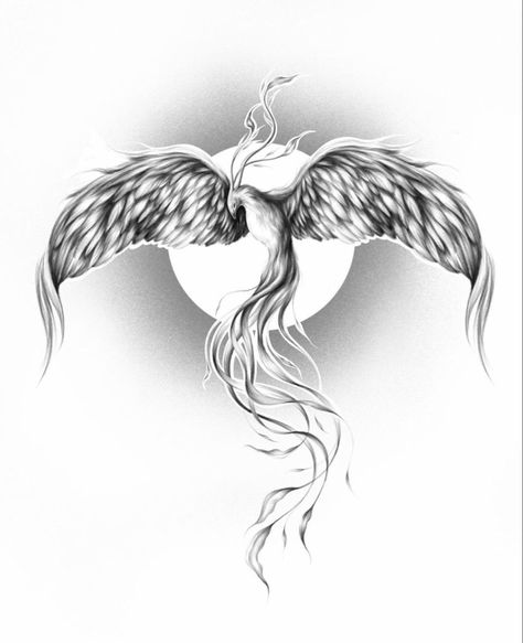 Ideas tattoo for woman Phoenix Flying Tattoo, Pheonix Spinal Tattoo, Phoenix Coming Out Of Ashes Tattoo, Smokey Phoenix Tattoo, Phoenix And Moon Tattoo, Phoenix Moon Tattoo, Mythical Tattoos Men, Pheinox Bird Tattoo, Phenix Tattoo Man