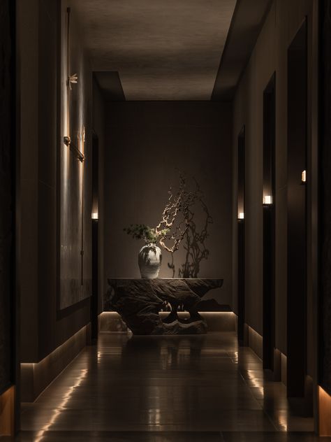 Dark Spa Interior, Luxury Spa Design Interiors Black, Modern Spa Interior Design, Home Spa Business Ideas, Dark Spa Room Aesthetic, Luxury Day Spa Interior Design, Spa Hallway Design, Massage Room Lighting, Spa Interior Design Luxury Spas