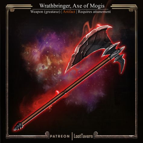 War gods weapon Dnd Magic Items Barbarian, Dnd Magic Items Homebrew Barbarian, Dnd Magic Axes, Barbarian Magic Items 5e, Dnd Greataxe Art, Dnd 5e Magic Axes, Greataxe Concept Art, Legendary Dnd Items, Greataxe Dnd