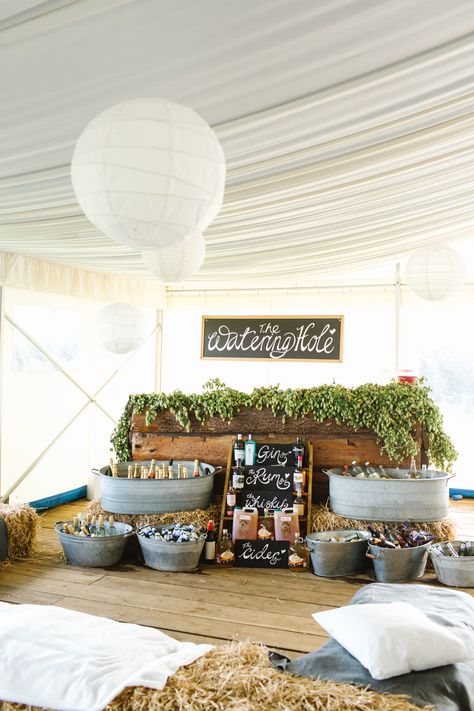 Mike and Jules Relaxed Outdoor Wedding in Cornwall with a Festival Vibe | Festival Brides Galvanized Buckets Wedding, Wedding Bucket, Festival Themed Wedding, Deco Champetre, Festival Bride, Tipi Wedding, Marquee Wedding, Wedding Drink, Rustic Country Wedding