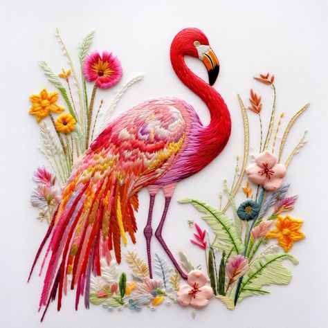 Embroidered Flamingo, Flamingo Embroidery, Embroidery Hoop Crafts, Birds Embroidery Designs, Fabric Painting On Clothes, Fabric Paint Designs, Hand Painted Fabric, Handmade Flowers Fabric, Needlework Crafts