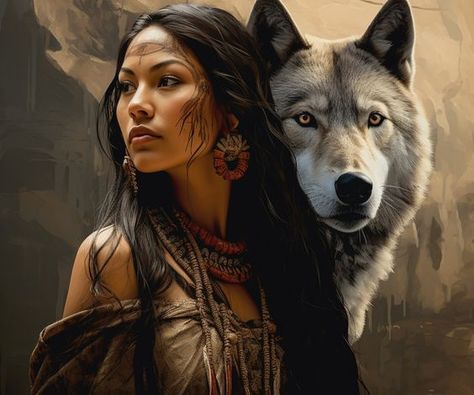 Equal to the description Native American Tattoo Art, Woman With Wolf, Native American Knowledge, American Indian Artwork, Native American Tattoo, Native American Woman, Native American Wolf, Native American Decor, Native American Wisdom