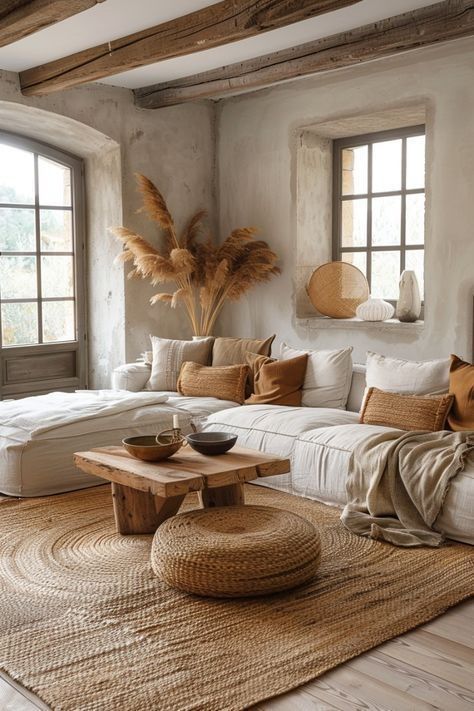 Wabi Sabi Interior Living Rooms, Wabi Sabi Home Interior Design, Minimalist Bohemian Living Room, Wabi Sabi Living Room, Modern Coastal Living Room, Style Ibiza, Earthy Living Room, Boho Chic Living Room, Living Room Orange