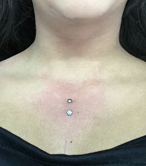 Sternum piercing, vertical surface. Surface Bar Piercing Chest, Chest Surface Piercing, Sternum Piercing Surface, Chest Dermal Piercing Center, Surface Piercing Chest, Sternum Piercing Dermal, Dermal Piercing Chest, Chest Dermal, Sternum Piercing