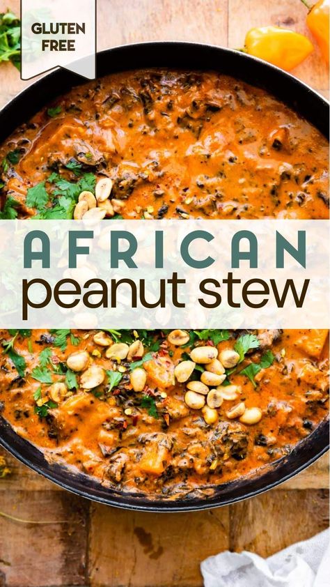 African Peanut Stew is a wholesome dairy free meal, full of warm flavors. Make this stew recipe on a stove top, in a crock pot, or Instant Pot! There's a vegetarian option, too. #instantpot #soup #vegetarian #glutenfree #slowcooker #healthy African Bean Stew, African Stew Recipes, Paleo Stew Recipes, Kwanzaa Food, Dairy Free Meal, Cotter Crunch, African Stew, African Peanut Stew, Soup Vegetarian